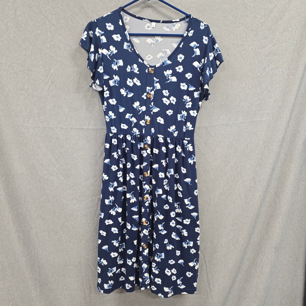 Floral V-Neck Short Sleeve Button Front Mini Dress Navy Blue White Large